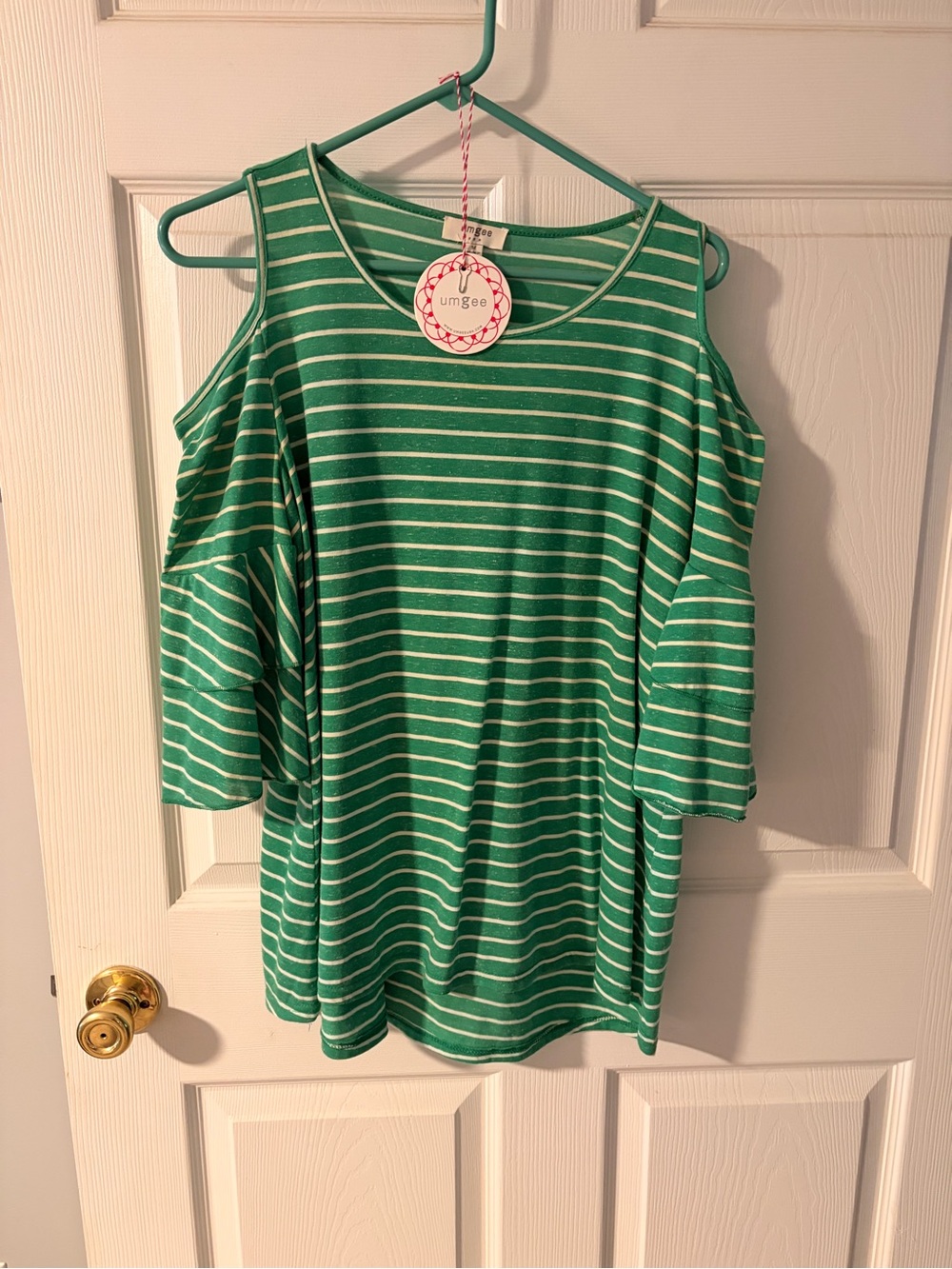 Umgee Green and White Striped Cold-Shoulder Tunic Top